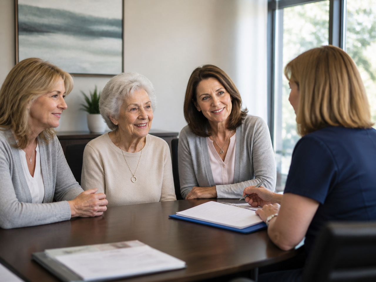 Age Care Directions consultant meeting with a family member across a table in a bright meeting room to discuss aged care options