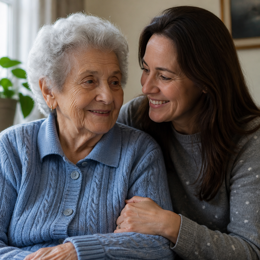 Elderly mother in a blue cardigan sitting close to her adult daughter, sharing a warm and affectionate moment at home
