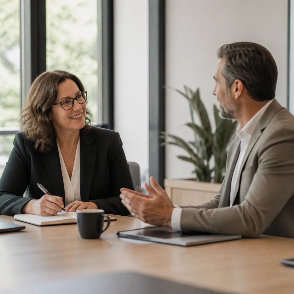 A friendly advisor meeting with a client across an office table