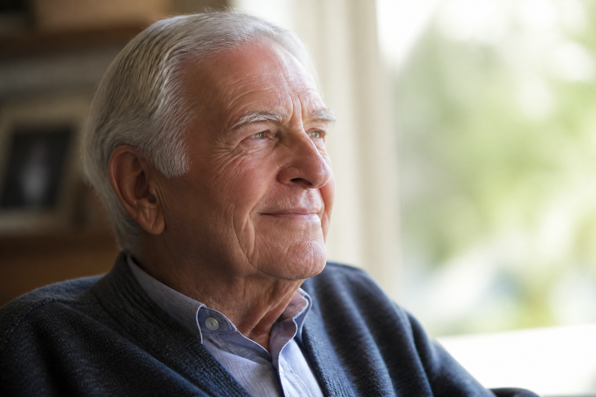 Elderly man with silver hair smiling gently as he looks out of a bright window at home